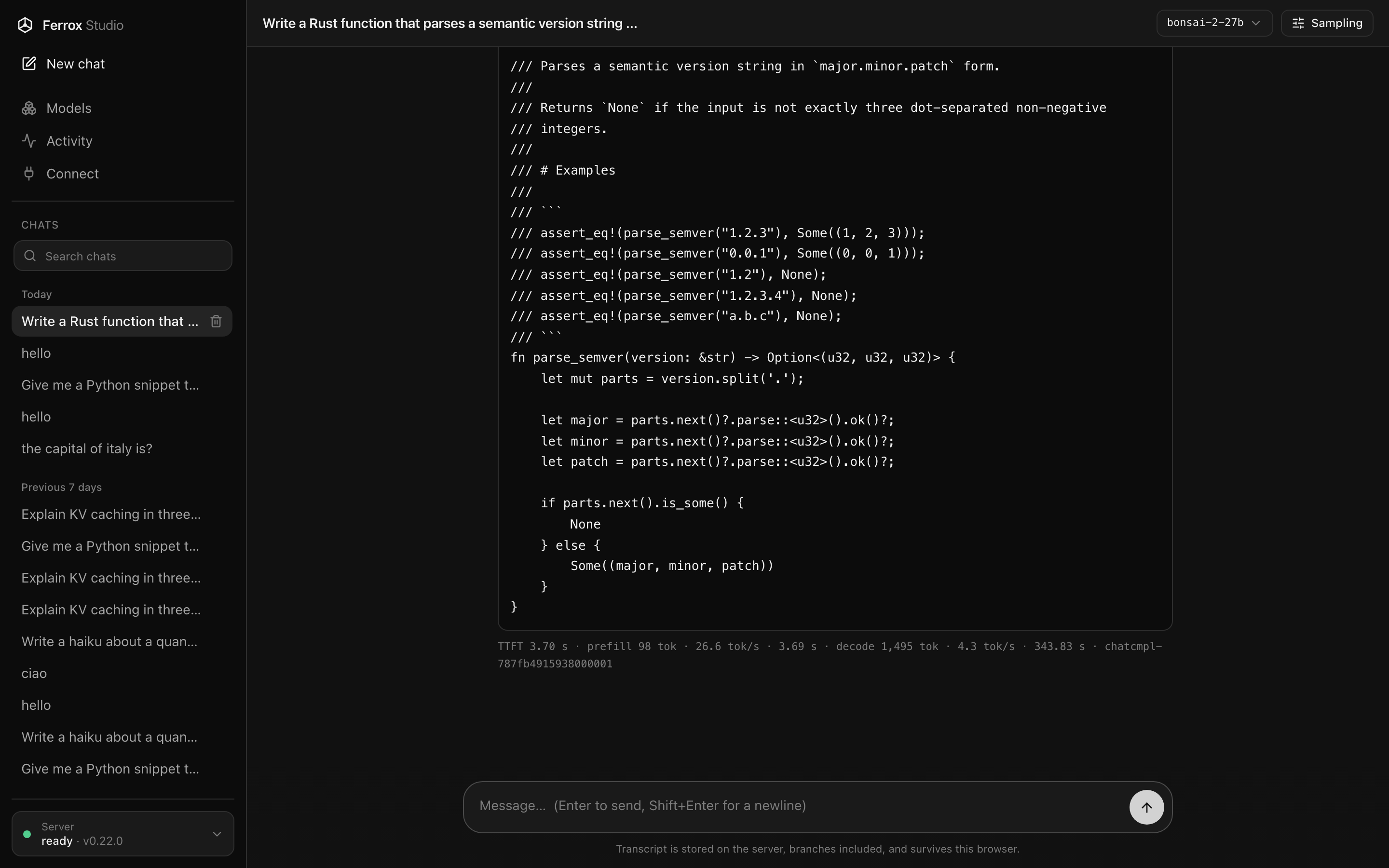Ferrox Studio chat with Ternary-Bonsai-2-27B: a Rust function answered with a doc comment and examples, and a stat line underneath