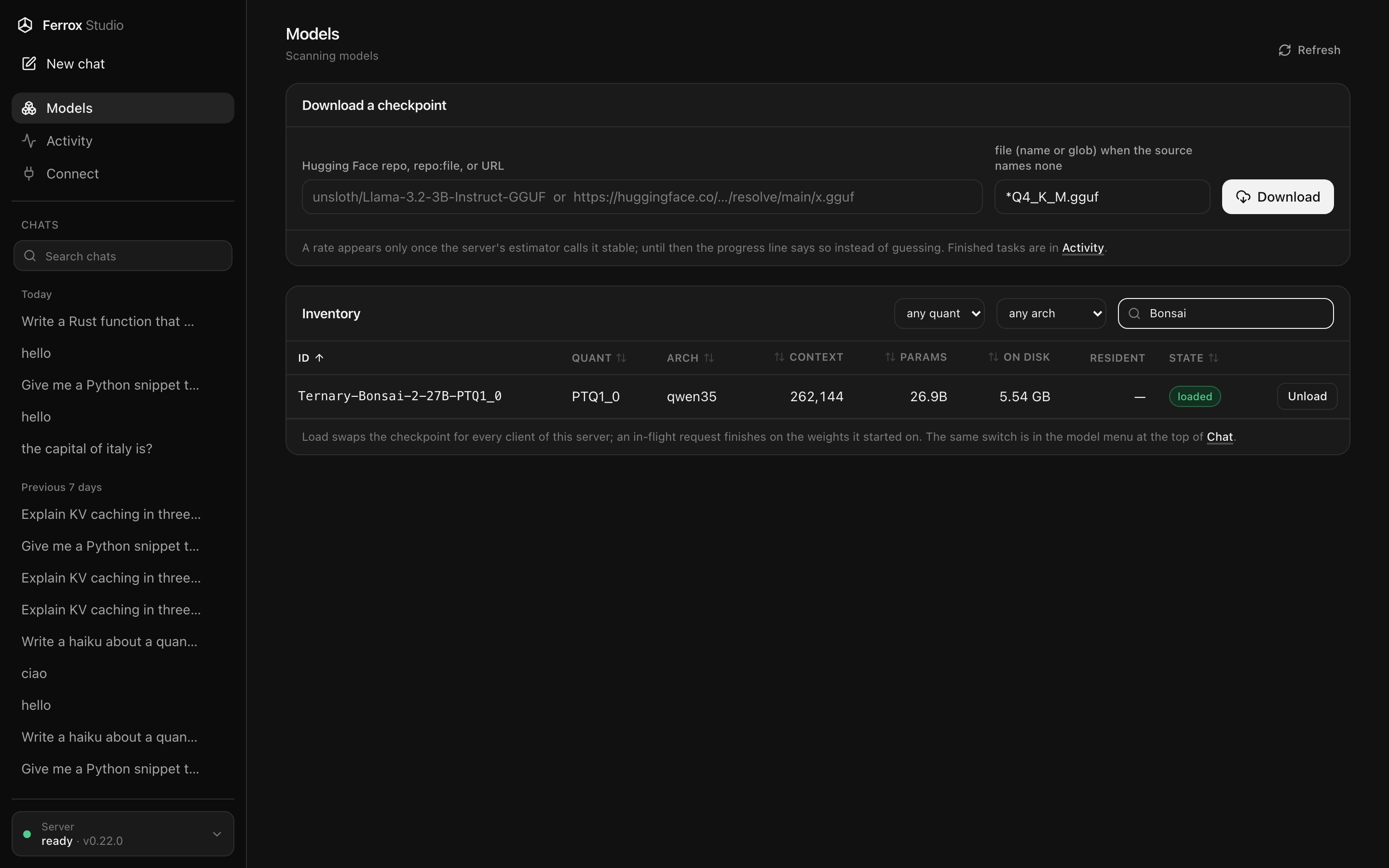 Ferrox Studio Models page in dark mode: the inventory filtered to Ternary-Bonsai-2-27B-PTQ1_0, showing quant PTQ1_0, arch qwen35, context 262,144, 26.9B parameters, 5.54 GB on disk, state loaded