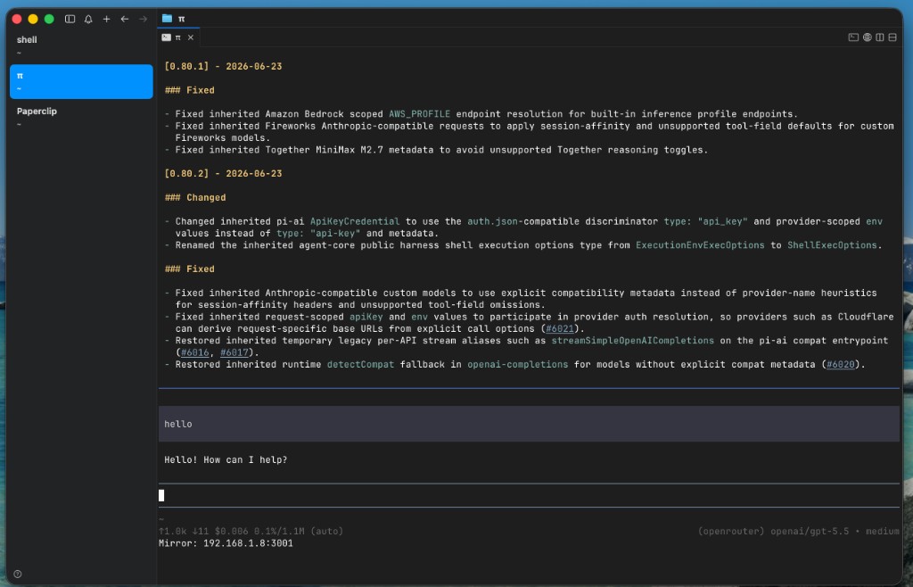 cmux sidebar with Pi agent pane showing release notes and a hello chat session, status bar displaying OpenRouter GPT-5.5