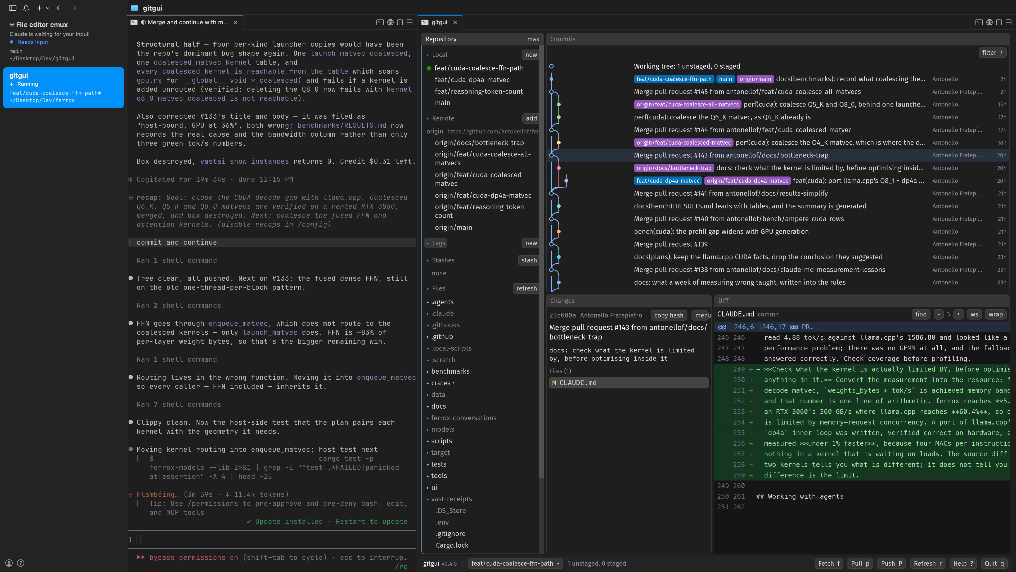 gitgui in a cmux split next to Claude Code: repository sidebar, commit graph with branch lanes, changes and diff