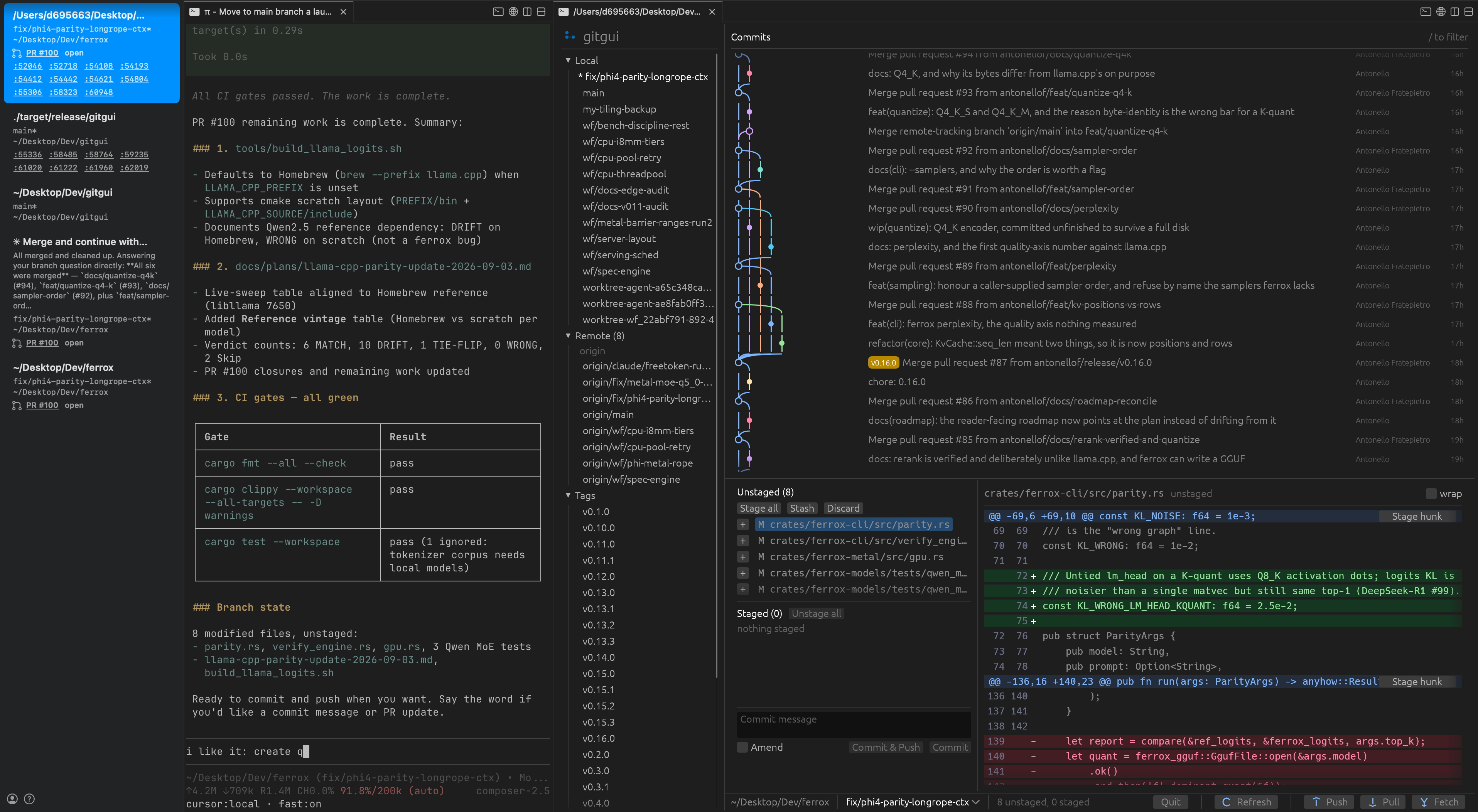 gitgui in a cmux split beside Pi: commit graph and diff on the right, agent session on the left