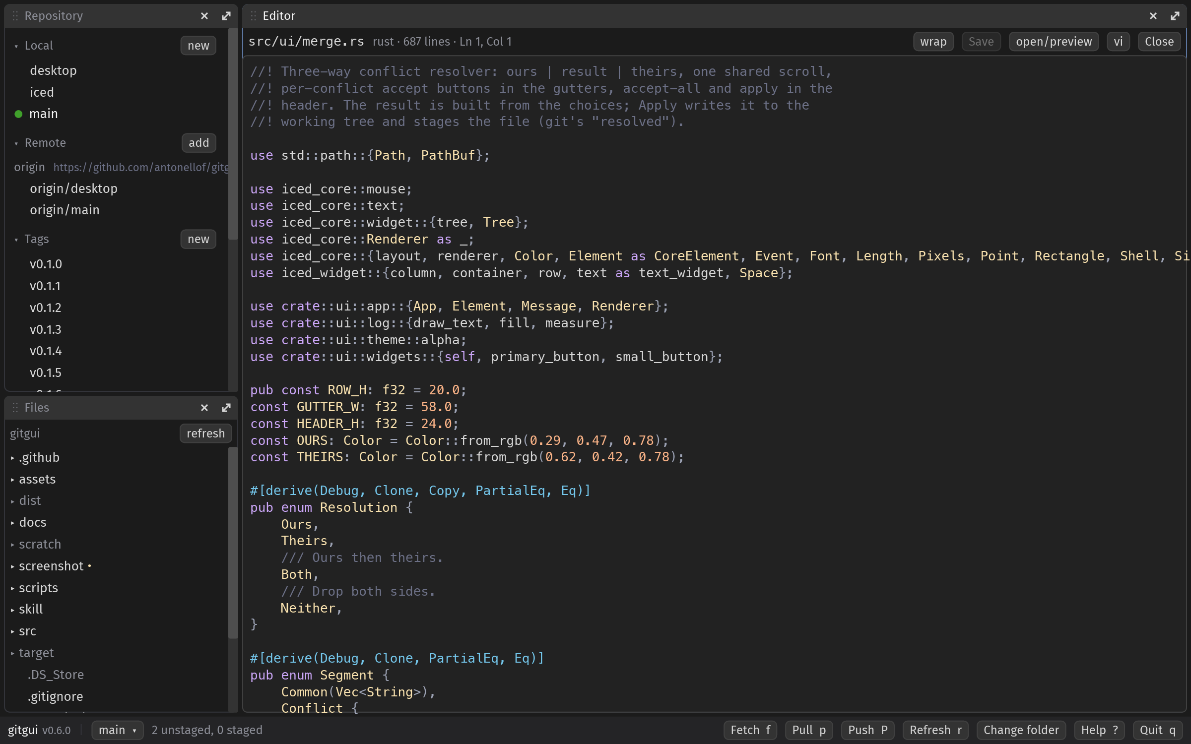 Built-in editor with syntax colors next to the repository sidebar