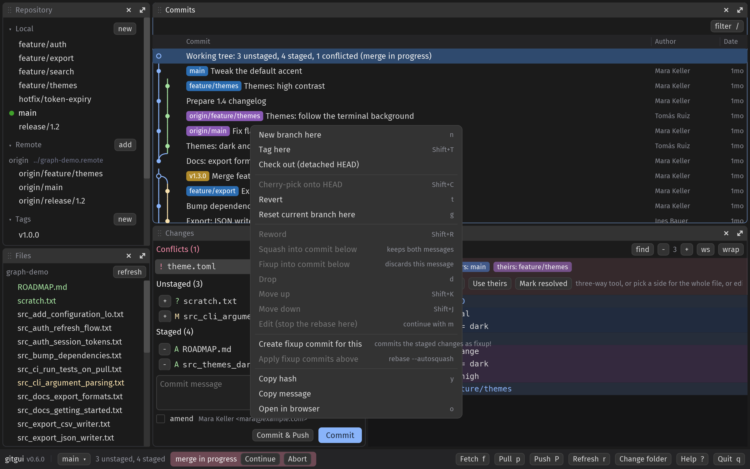 Commit menu: cherry-pick, revert, reset, reword, squash, fixup, drop, move