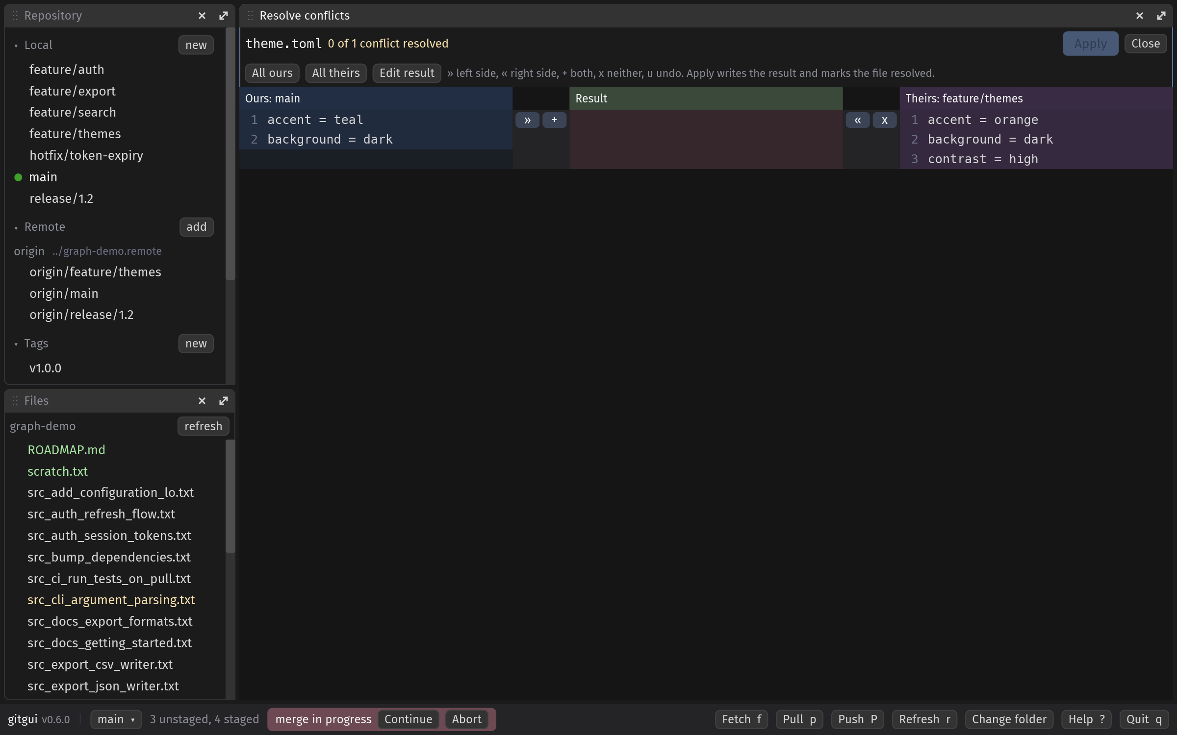 Three-way conflict resolver: ours, result, theirs with per-conflict buttons