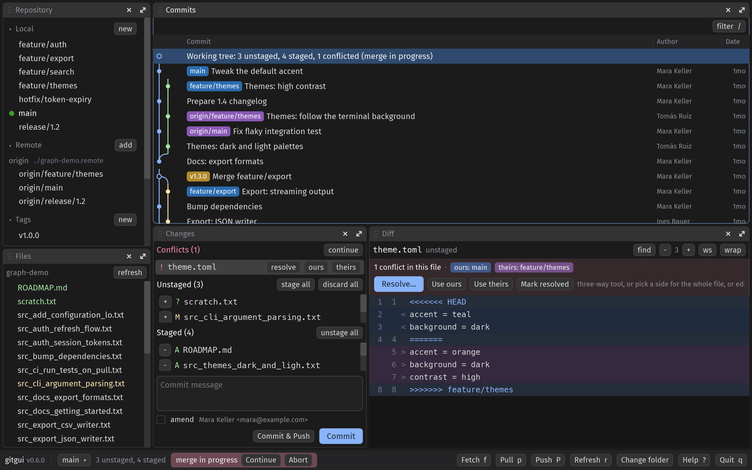 gitgui v0.6.0: repository sidebar, file tree, commit graph with branch lanes, changes with a conflict, diff with the conflict banner