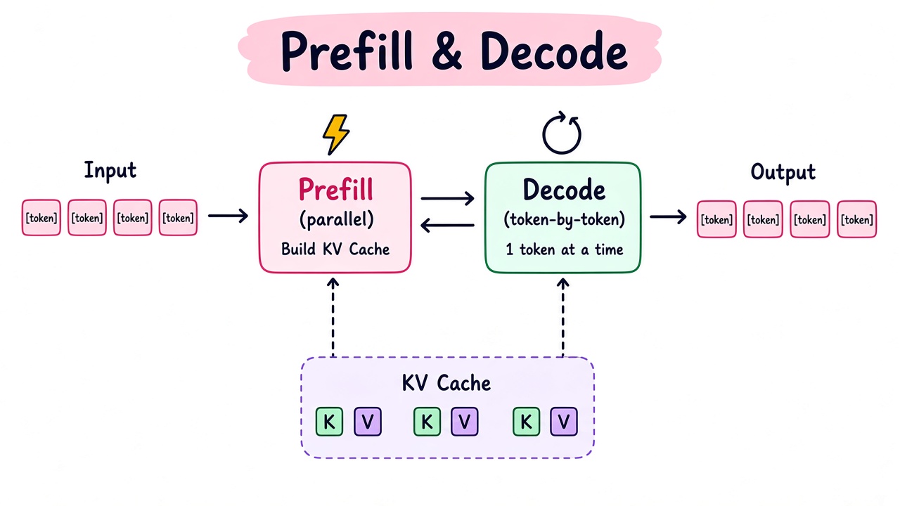 Prefill builds the KV cache in parallel, then decode generates one token at a time using that cache