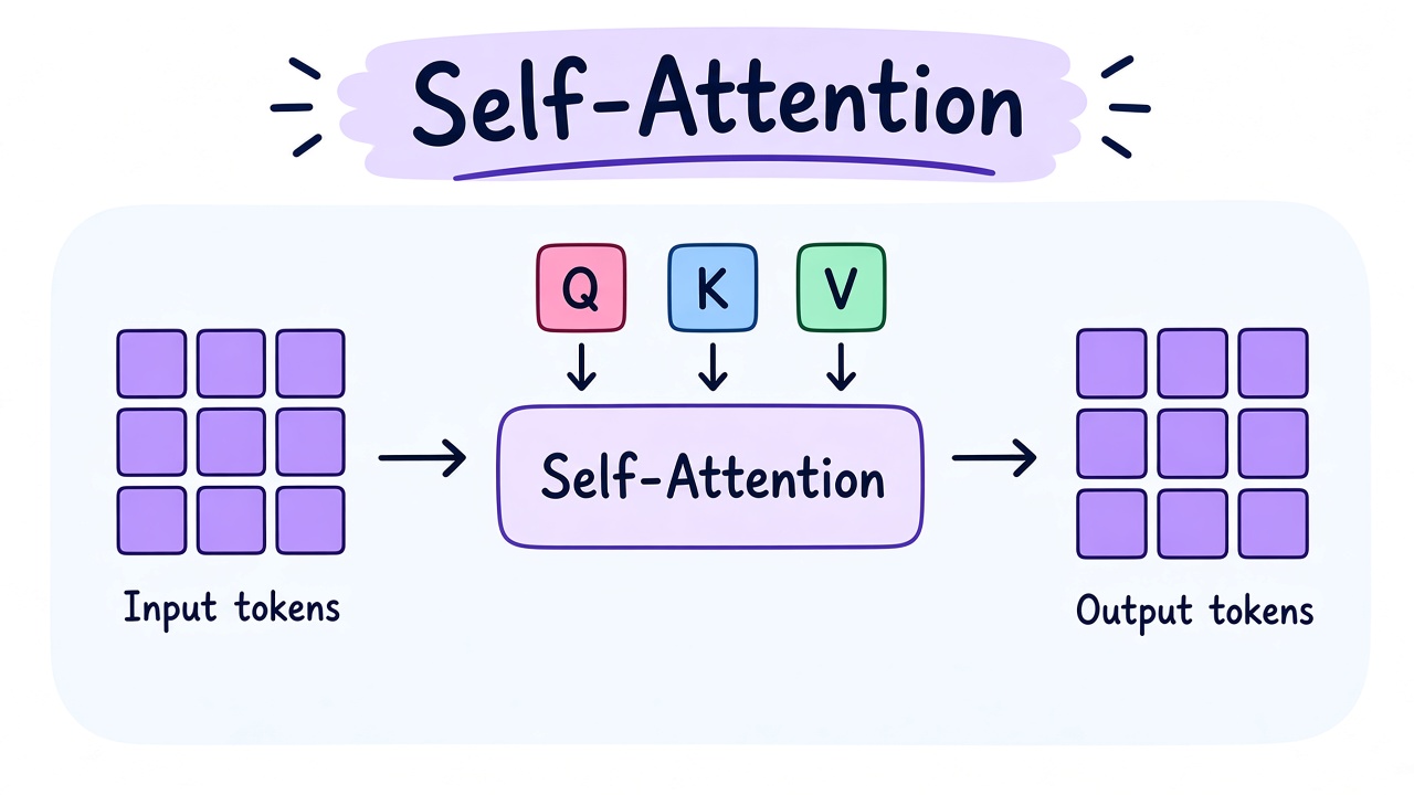 Self-attention takes input tokens, projects them into Q, K, and V, and produces output tokens