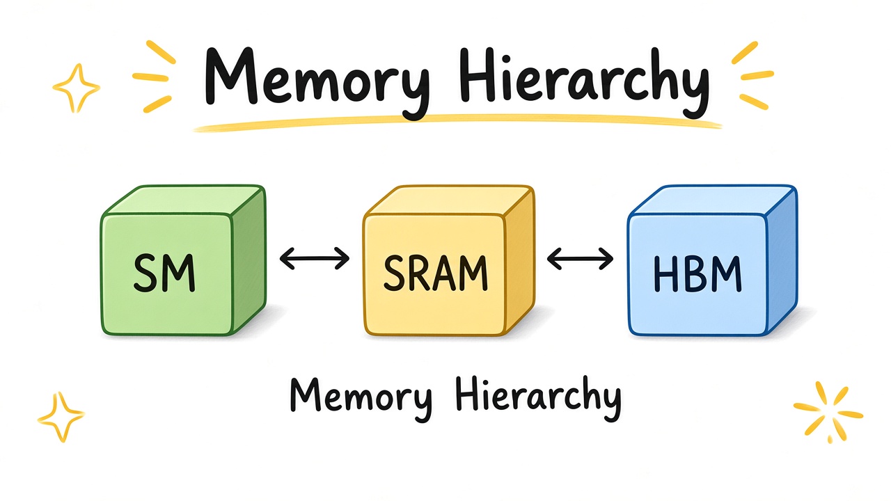 GPU memory hierarchy: SM talking to SRAM talking to HBM